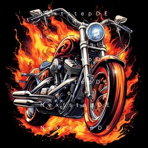 May include: A chrome motorcycle with a red and black paint job is engulfed in flames. The motorcycle has a large front tire and a single headlight. The text "Next Step DE" is repeated throughout the image.