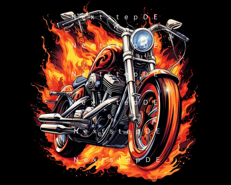 May include: A chrome motorcycle with a red and black paint job is engulfed in flames. The motorcycle has a large front tire and a single headlight. The text "Next Step DE" is repeated throughout the image.