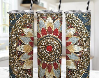 Sunflower in Aboriginal dot painting style, sunflower sublimation design, aboriginal flowers design. Mug and Tumbler png sublimation