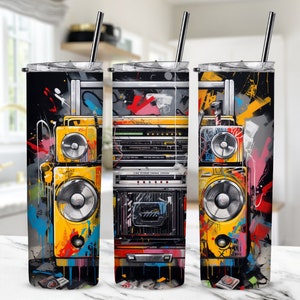 Sublimazione del lettore di cassette hip hop vintage, sublimazione della vernice graffiti, design di sublimazione del boombox, avvolgimento del bicchiere png, lettore ghetto png