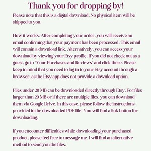 Puede incluir: Texto morado sobre fondo blanco con instrucciones sobre c&oacute;mo descargar una compra digital de Etsy. El texto incluye informaci&oacute;n sobre la descarga de archivos de menos de 20 MB, archivos de m&aacute;s de 20 MB y la resoluci&oacute;n de problemas de descarga.