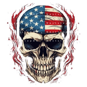 May include: A skull wearing a bandana with the American flag design. The skull is surrounded by red flames with white stars.