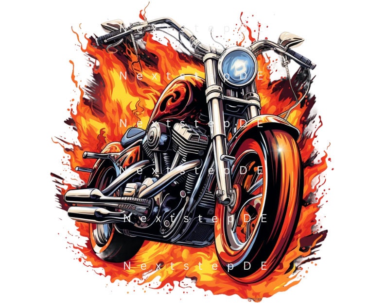 May include: A chrome motorcycle with flames behind it. The motorcycle is red and black with a large front tire.