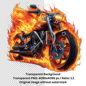 Puede incluir: Una motocicleta negra envuelta en llamas, con un efecto de fuego naranja y amarillo brillante. La motocicleta tiene una rueda delantera grande y una rueda trasera m&aacute;s peque&ntilde;a. La motocicleta est&aacute; en movimiento, con las llamas arrastr&aacute;ndose detr&aacute;s de ella.