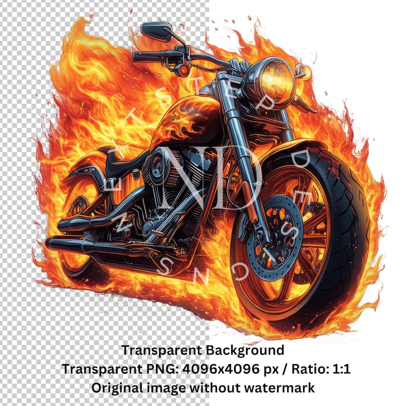 Puede incluir: Una motocicleta negra envuelta en llamas, con un efecto de fuego naranja y amarillo brillante. La motocicleta tiene una rueda delantera grande y una rueda trasera m&aacute;s peque&ntilde;a. La motocicleta est&aacute; en movimiento, con las llamas arrastr&aacute;ndose detr&aacute;s de ella.