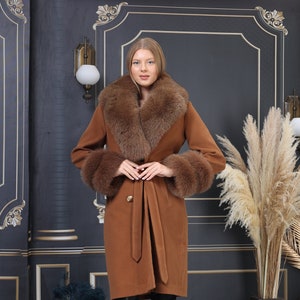 Brown Cashmere Coat with Real Fox Fur Trim for Women – Warm Removable Fur Winter Jacket – Plus Size Elegant Outerwear Long Overcoat For Her