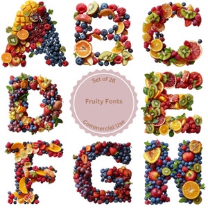 Paquete de imágenes prediseñadas del alfabeto de frutas, letras del alfabeto afrutado, gráficos de imágenes prediseñadas del alfabeto con temática de frutas, para tarjetas, regalos, ropa, descarga digital