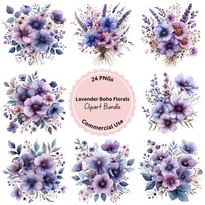 Pacote de clipart de flores Boho lavanda, florais em aquarela, gráficos de clipart de casamento, para cartões, presentes, vestuário, download digital