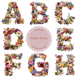 Paquete de imágenes prediseñadas del alfabeto floral, estilo de fuente de flores, gráficos de imágenes prediseñadas del alfabeto con temática floral, para tarjetas, regalos, ropa, descarga digital
