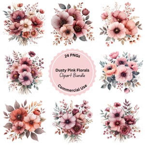 Pacote de clipart de florais rosa empoeirado, florais em aquarela, gráficos de clipart de casamento, para cartões, presentes, vestuário, download digital
