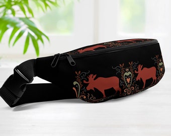 Retro Moose Fanny pack, Hands free waist bag with inside pocket, Folk art gift for outdoor lover,  Scandinavian aesthetic