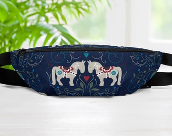 Scandinavian Dala horse Fanny Pack, Retro Crossbody Bag , Folk Art Waist Bag, Hands-Free Hip Purse, Inside Pocket