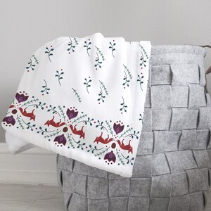 Winter folklore throw blanket, Vintage nordic folk art fox design, Scandinavian christmas home decor