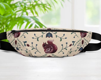 Retro Fanny pack, Hands free waist bag with inside pocket, Squirrel Folk art crossbody bag in Scandinavian aesthetic