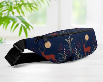 Retro Fanny pack, Hands free waist bag with inside pocket, Folk art Deer crossbody bag in Scandinavian aesthetic