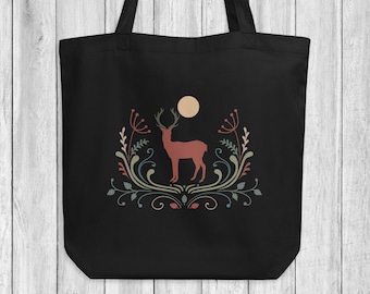 Retro Reer tote bag, Woodland creatures, Whimsical Scandinavian design, Swedish folk art forest animal, Sustainable gift, Vegan canvas bag