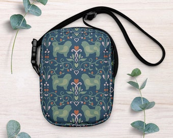 Dog Walking Bag with adjustable Crossbody Strap | Blue Shih tzu Dog Pattern | Small Crossbody Bag in nordic folk art design