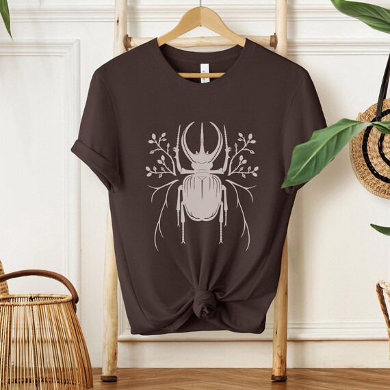 Whimsical beetle linocut tshirt Goblincore Graphic Entomology shirt  Whimsigoth insect tee Vintage inspired bug lino print aesthetic
