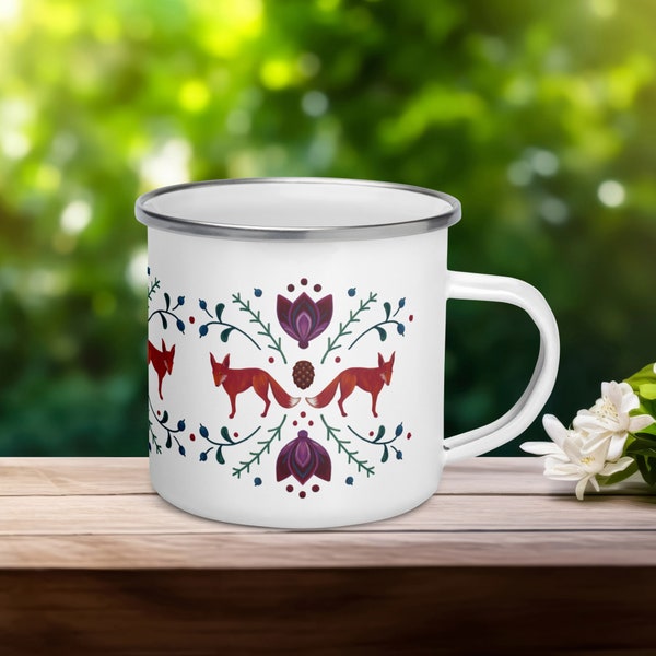 Nordic Folk art Enamel Mug, Vintage Inspired Scandinavian fox, Gift for Outdoor Lovers