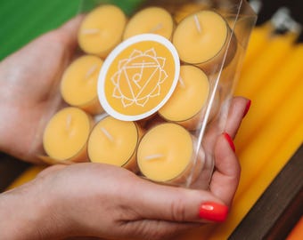 Candele da tè Manipura Solar Plexus Chakra / Scatola da 9 candele da tè gialle per la casa / Set di candele da meditazione