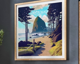 Cannon Beach Travel Poster, Oregon City Wall Art, Cannon Beach Oregon Square Wall Decor, Personalised Gift, Birthday Present