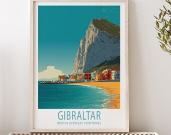 May include: A framed print of Gibraltar, showing a coastal landscape with a large rock, beach, and buildings. The artwork has a blue sky and the word "GIBRALTAR" at the bottom. The print is in a light wooden frame.