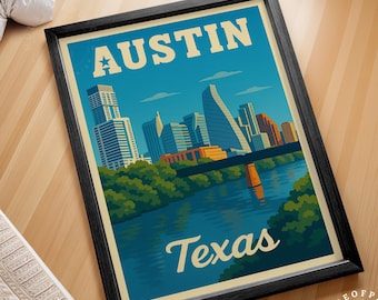 Austin Texas Travel Poster, Texas Travel Print, Austin Wall Art Print, Personalised Travel Gifts, Custom Travel Poster