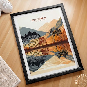Impressão de viagem do Distrito dos Lagos de Buttermere, Arte de parede de viagem do Distrito dos Lagos de Buttermere, Pôster de viagem do Distrito dos Lagos, Paisagem urbana minimalista