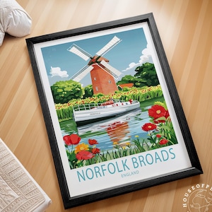 Arte mural de viaje por Norfolk Broads, Inglaterra, lámina de viaje por Norfolk Broads, póster de viaje por Inglaterra, regalos de boda, regalos de cumpleaños