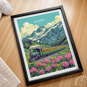 Stampa di viaggio di Skagway Alaska, poster di viaggio in Alaska, arte murale di viaggio di Skagway, paesaggio urbano minimalista, regali di arredamento per la casa