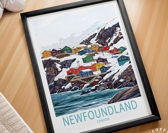 Póster de viaje a la isla de Terranova, impresión de invierno en Canadá, impresión de arte mural de Terranova, Canadá, póster de viaje de invierno, decoración del hogar