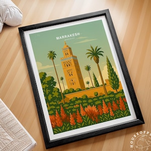 Affiche de voyage Marrakech Maroc, impression voyage Maroc, impression d'art mural Marrakech, cadeaux de pendaison de crémaillère, cadeau de mariage