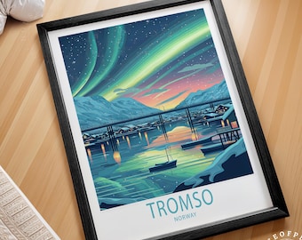 May include: A framed illustration of Tromso, Norway, with a view of a bridge over a body of water with boats and the aurora borealis in the sky. The text "Tromso, Norway" is printed below the image.