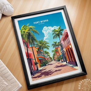 Póster de viaje de Fort Myers, Florida, impresión de viaje de Fort Myers, impresión de arte mural de Florida, regalos personalizados, paisaje urbano minimalista