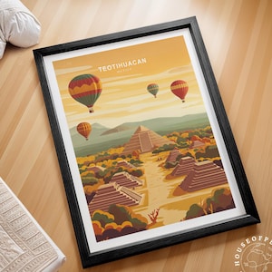Poster di viaggio di Teotihuacan, Messico, stampa di viaggio in Messico, stampa artistica da parete di Teotihuacan, paesaggio urbano minimalista, regali personalizzati