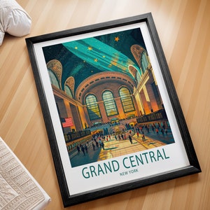 May include: A black framed poster with a colorful illustration of Grand Central Station in New York City. The poster features a starry sky and a crowd of people walking through the station.