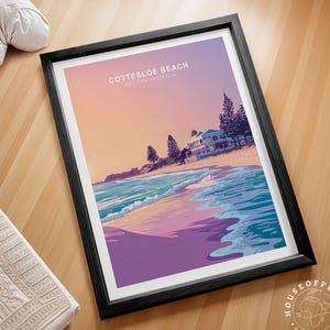 Impressão de viagem da Praia de Cottesloe, Austrália Ocidental, pôster de viagem da Austrália Ocidental, arte de parede de viagem da Praia de Cottesloe, paisagem urbana minimalista