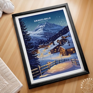 Impresión de esquí en Grindelwald, Suiza, póster de invierno en Suiza, impresión de arte mural en Grindelwald, póster de viaje minimalista