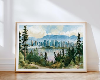 Vancouver Canada Watercolor Poster, Mountain Skyline Print, Travel Wall Art