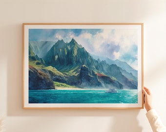 Nā Pali Coast Hawaii Watercolor Print, Kauai Travel Poster, Hawaiian Coastal Mountain Wall Art