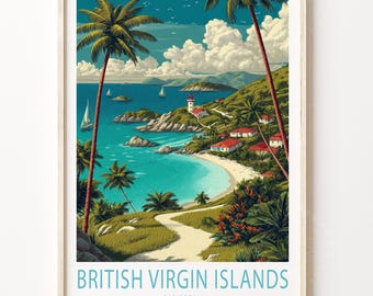 Pode incluir: Uma impressão artística emoldurada das Ilhas Virgens Britânicas. A obra de arte retrata uma cena de praia tropical com palmeiras, água turquesa, areia branca e um farol. O texto "British Virgin Islands Caribbean" está na parte inferior.