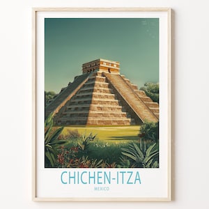 Könnte beinhalten: Gerahmter Kunstdruck mit der Chichen Itza-Pyramide in Mexiko. Das Bild zeigt das antike Maya-Bauwerk in einer sonnigen Landschaft mit türkisfarbenem Himmel. Der Text "CHICHEN-ITZA MEXICO" befindet sich unten.