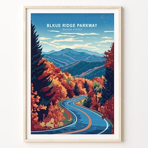 Stampa di viaggio Blue Ridge Parkway, poster di viaggio Blue Ridge negli Stati Uniti, stampa artistica da parete degli Stati Uniti, paesaggio urbano minimalista, arredamento per la casa