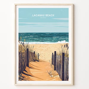 Impresión de viaje de la playa de Lacanau, Francia, póster de viaje de Francia, impresión de arte de pared de la playa de Lacanau, póster de viaje personalizado, paisaje urbano minimalista