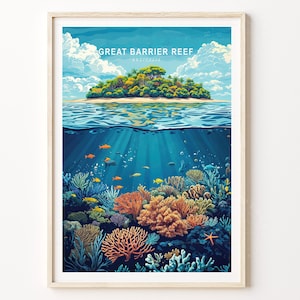 Lámina de arte mural de la Gran Barrera de Coral, lámina de viaje a Australia, póster de viaje a la Gran Barrera de Coral de Australia, póster de viaje minimalista, decoración del hogar