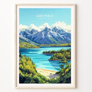 Lago Puelo Arentina Reise Wandkunst, Lake Puelo Nationalpark Reise Druck, Lake Puelo Poster, Geburtstagsgeschenke, Minimalistisches Reiseplakat