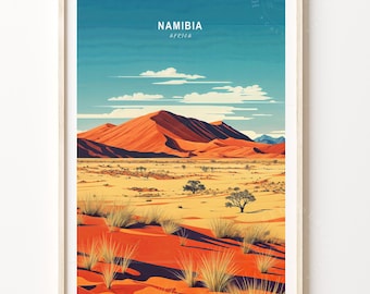 May include: A colorful illustration of a desert landscape in Namibia, Africa. The image features a large red sand dune in the background, with smaller dunes and sparse vegetation in the foreground. The sky is a bright blue with white clouds.