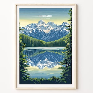 Impresión de arte mural de Chugach, Alaska, impresión de viaje al parque estatal de Alaska, póster de viaje de Chugach, regalos de decoración del hogar, paisaje urbano minimalista