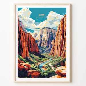 Zion Nationalpark Reiseplakat, Zion Nationalpark Stadt Wandkunst, Utah Nationalpark Reisedruck, Hochzeitsgeschenk, Geburtstagsgeschenk