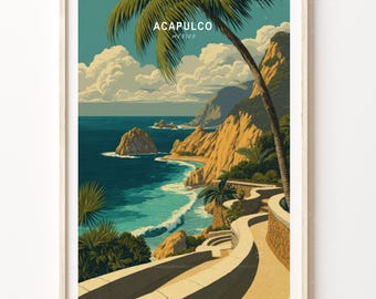 May include: Framed art print of Acapulco, Mexico. The artwork depicts a coastal scene with turquoise water, golden cliffs, and a winding pathway. A palm tree frames the top of the image, with the word "Acapulco" printed at the top.